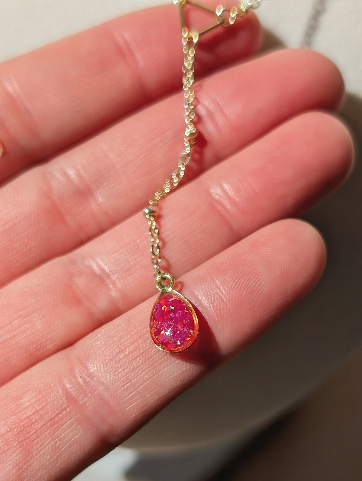 Silver Lariat Opal Teardrop Necklace - Pink Opal