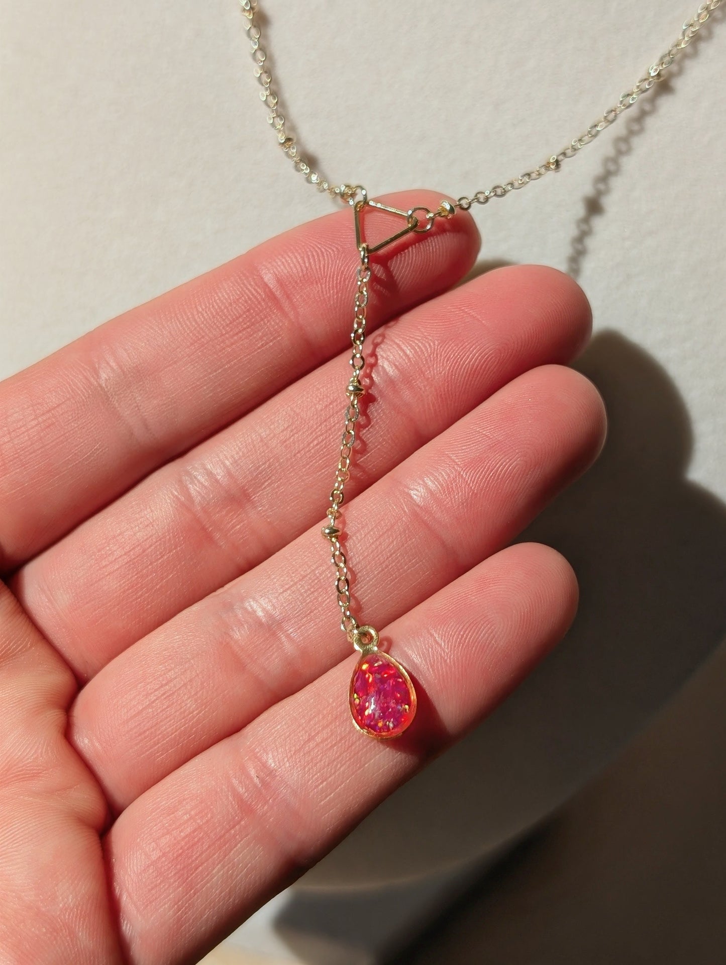 Silver Lariat Opal Teardrop Necklace - Pink Opal