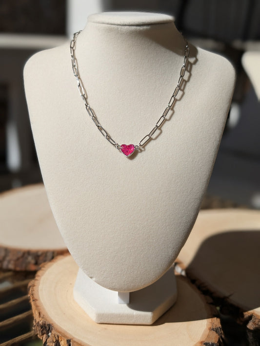 Silver Puffy Heart Chain Necklace - Pink Lab Grown Opal