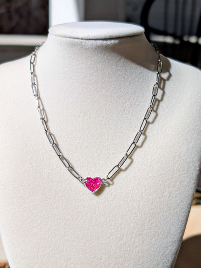 Silver Puffy Heart Chain Necklace - Pink Lab Grown Opal