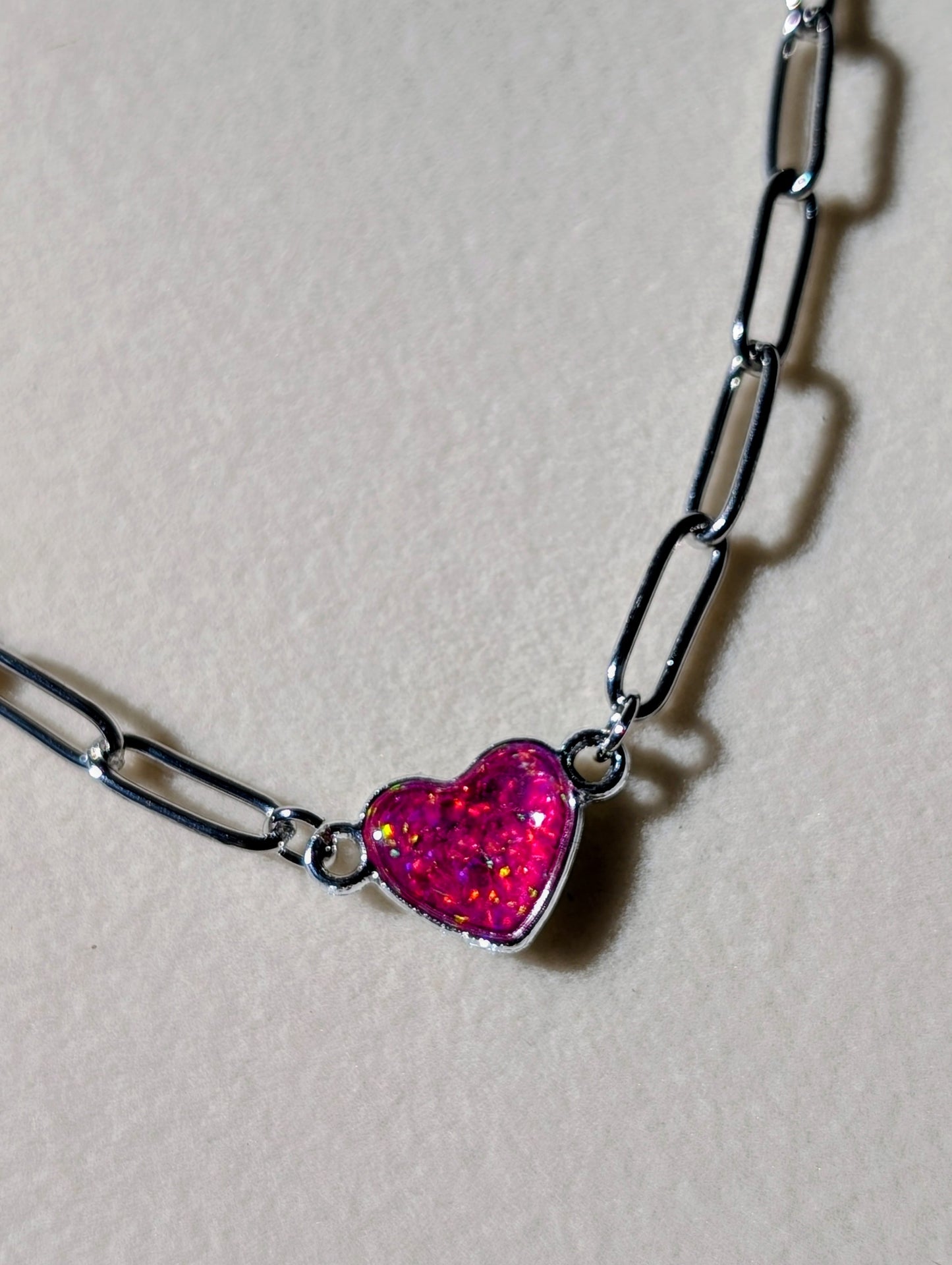 Silver Puffy Heart Chain Necklace - Pink Lab Grown Opal