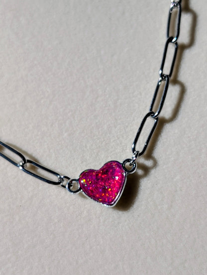 Silver Puffy Heart Chain Necklace - Pink Lab Grown Opal