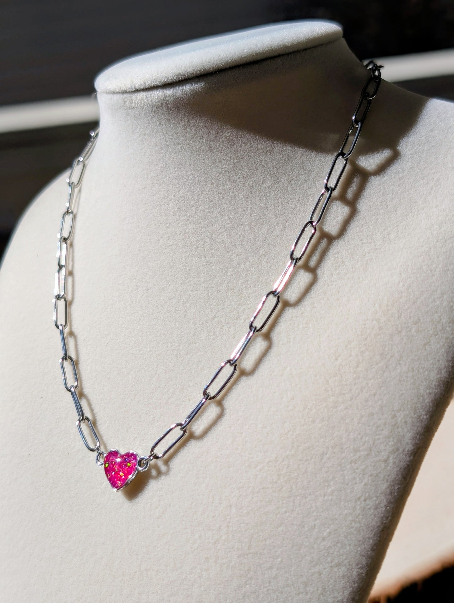 Silver Puffy Heart Chain Necklace - Pink Lab Grown Opal