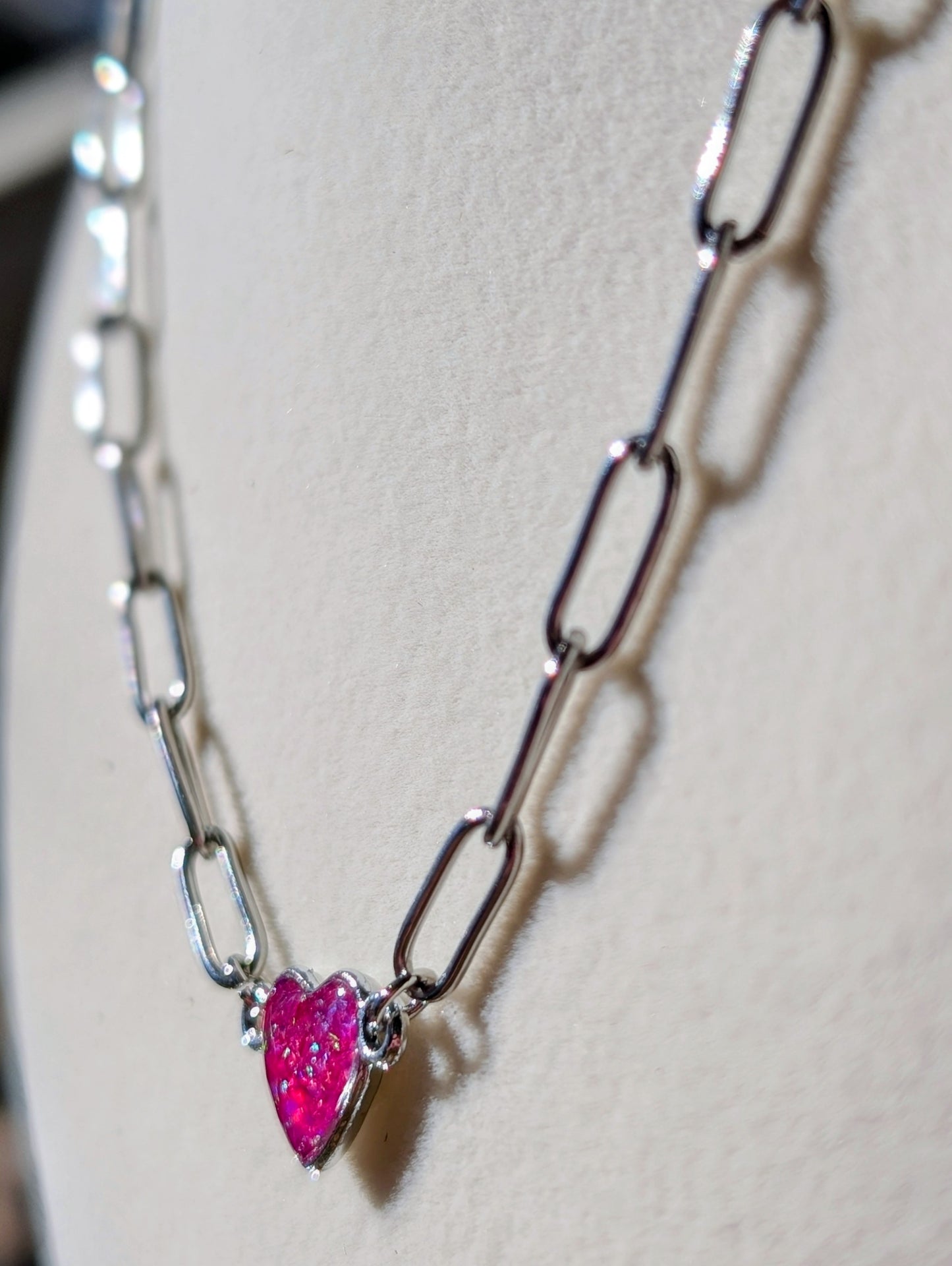 Silver Puffy Heart Chain Necklace - Pink Lab Grown Opal