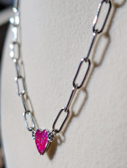 Silver Puffy Heart Chain Necklace - Pink Lab Grown Opal