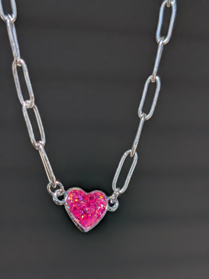 Silver Puffy Heart Chain Necklace - Pink Lab Grown Opal