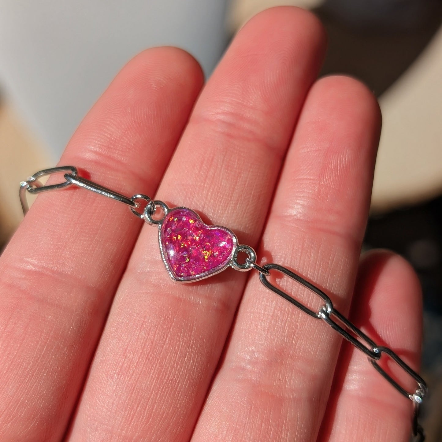 Silver Puffy Heart Chain Necklace - Pink Lab Grown Opal