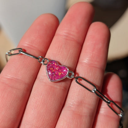 Silver Puffy Heart Chain Necklace - Pink Lab Grown Opal