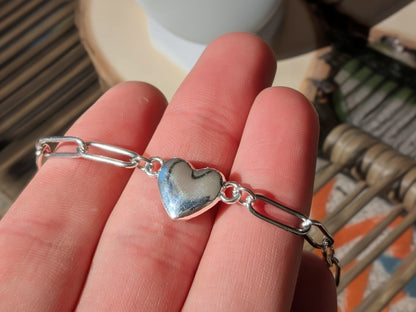 Silver Puffy Heart Chain Necklace - Pink Lab Grown Opal
