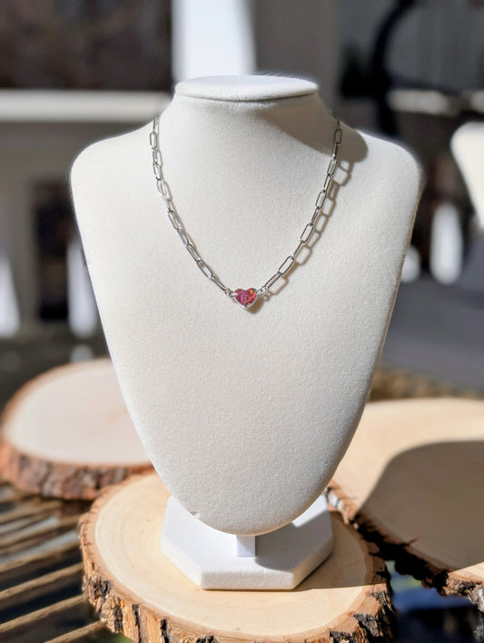 Silver Puffy Heart Chain Necklace - Strawberry Pink Lab Grown Opal