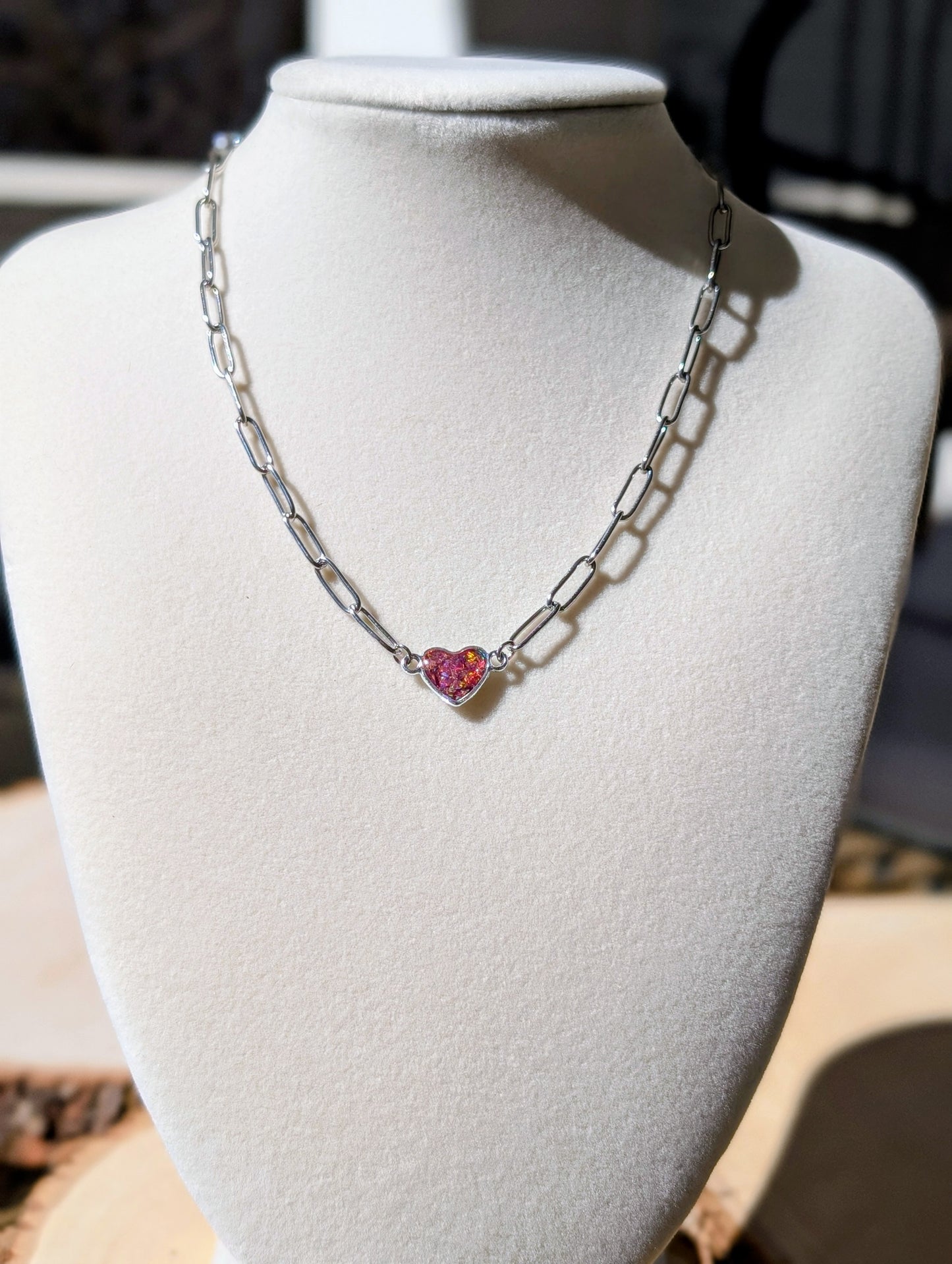 Silver Puffy Heart Chain Necklace - Strawberry Pink Lab Grown Opal