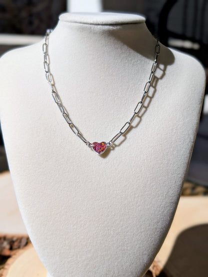 Silver Puffy Heart Chain Necklace - Strawberry Pink Lab Grown Opal