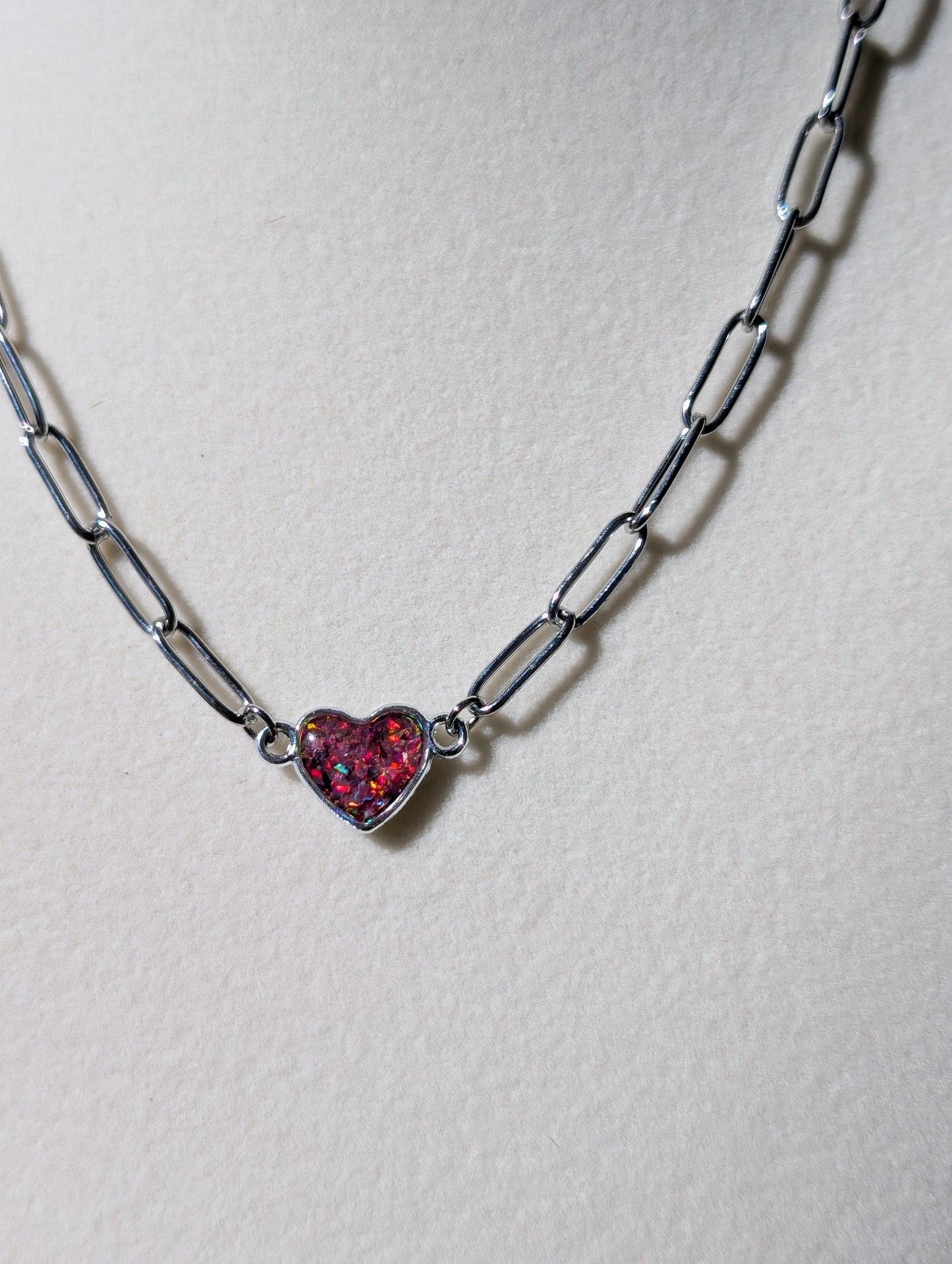 Silver Puffy Heart Chain Necklace - Strawberry Pink Lab Grown Opal