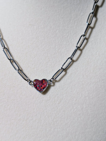 Silver Puffy Heart Chain Necklace - Strawberry Pink Lab Grown Opal