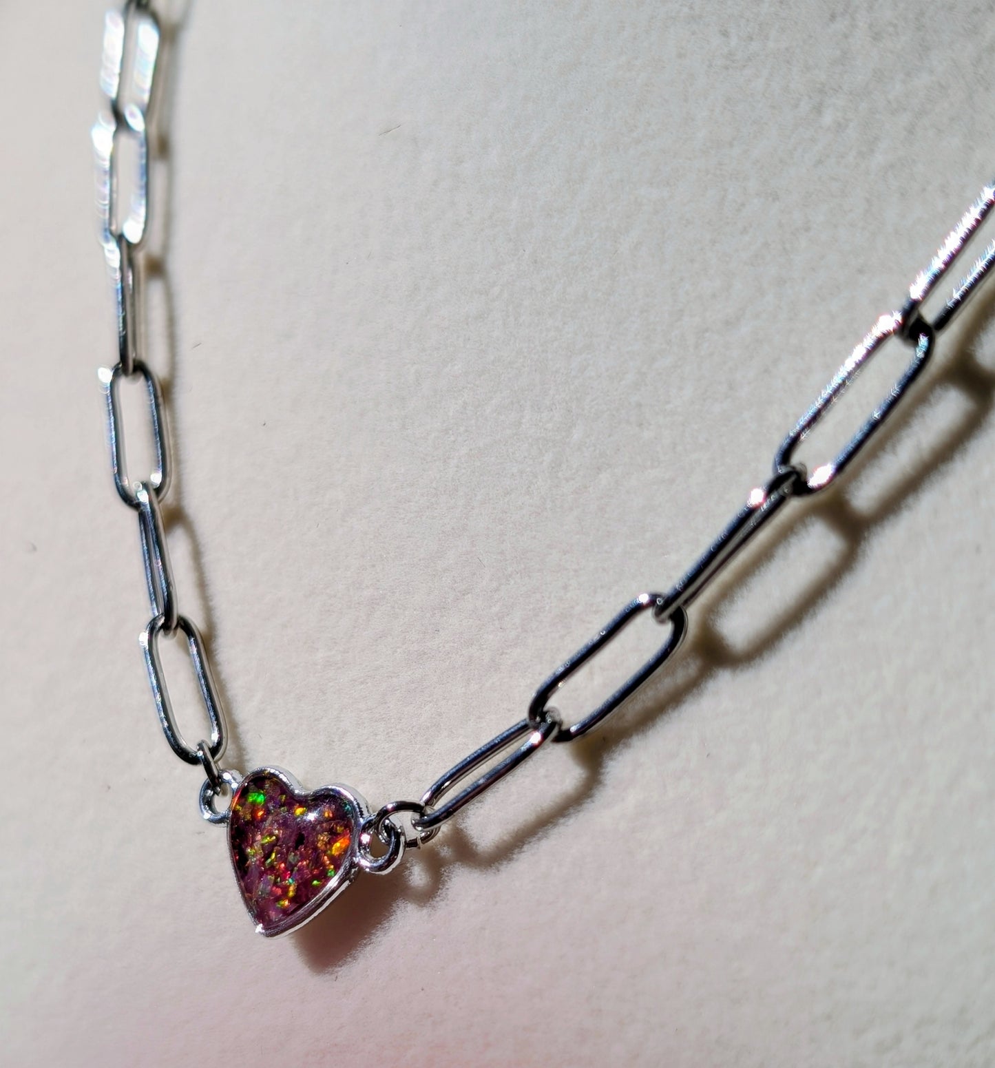 Silver Puffy Heart Chain Necklace - Strawberry Pink Lab Grown Opal