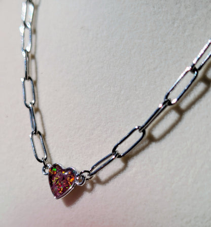 Silver Puffy Heart Chain Necklace - Strawberry Pink Lab Grown Opal