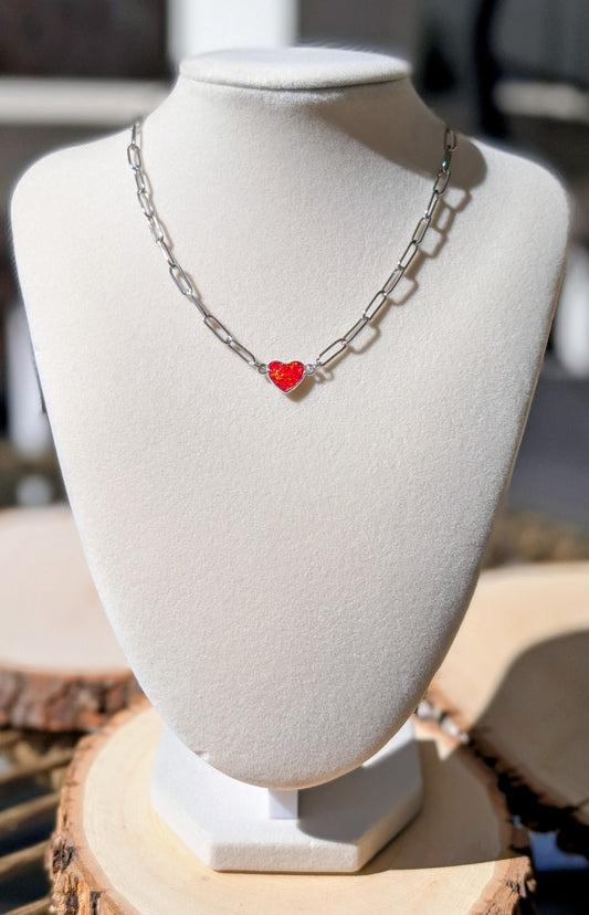 Silver Puffy Heart Chain Necklace - Cherry Red Lab Grown Opal