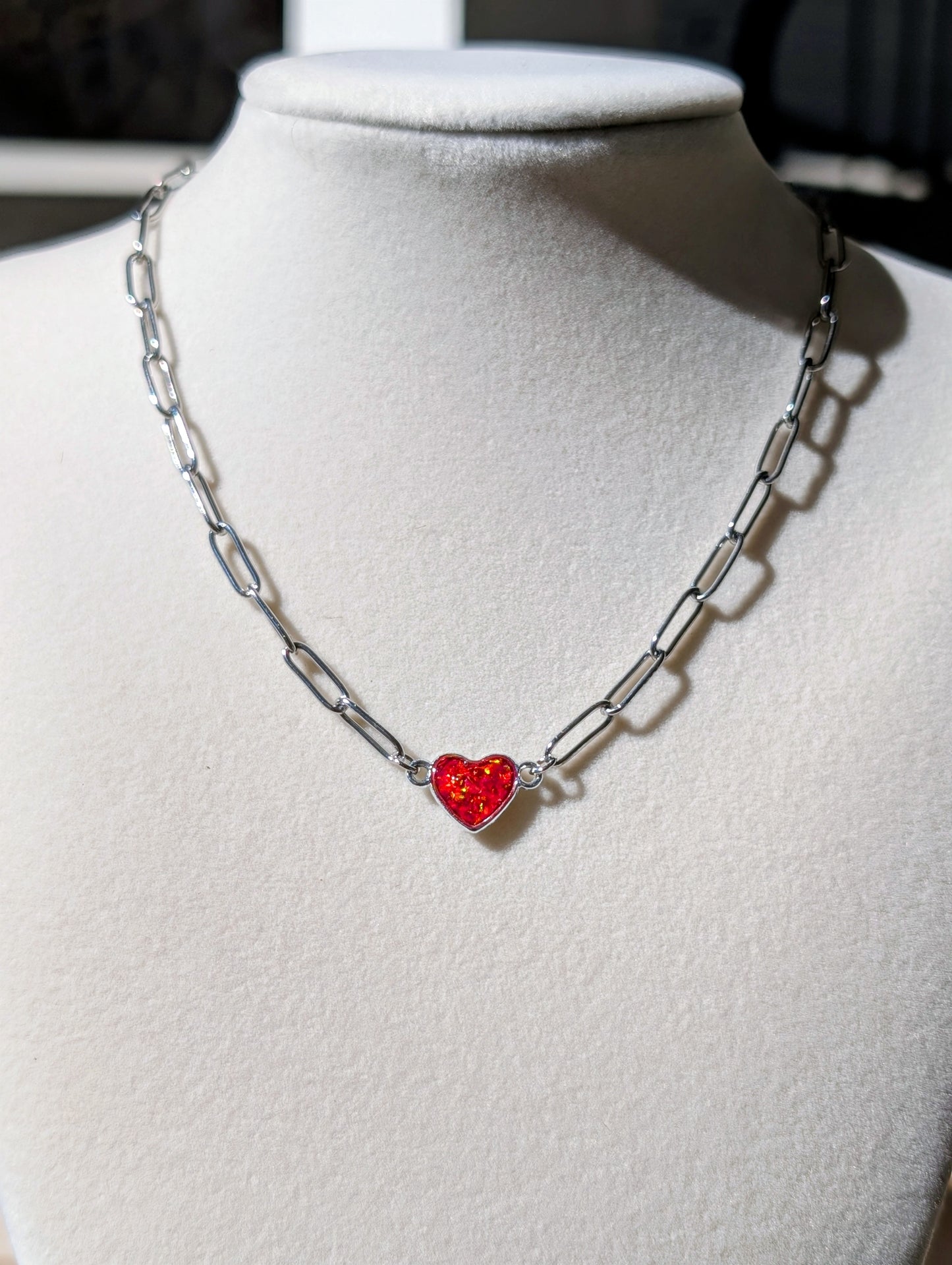 Silver Puffy Heart Chain Necklace - Cherry Red Lab Grown Opal