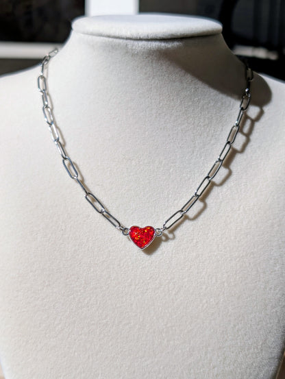 Silver Puffy Heart Chain Necklace - Cherry Red Lab Grown Opal
