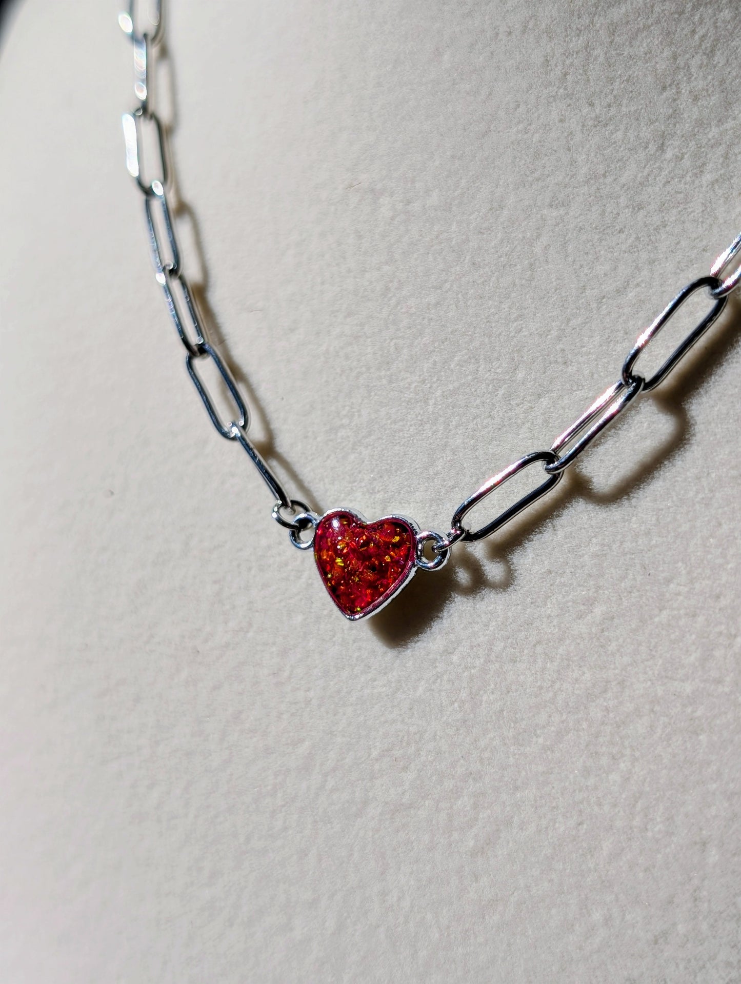 Silver Puffy Heart Chain Necklace - Cherry Red Lab Grown Opal