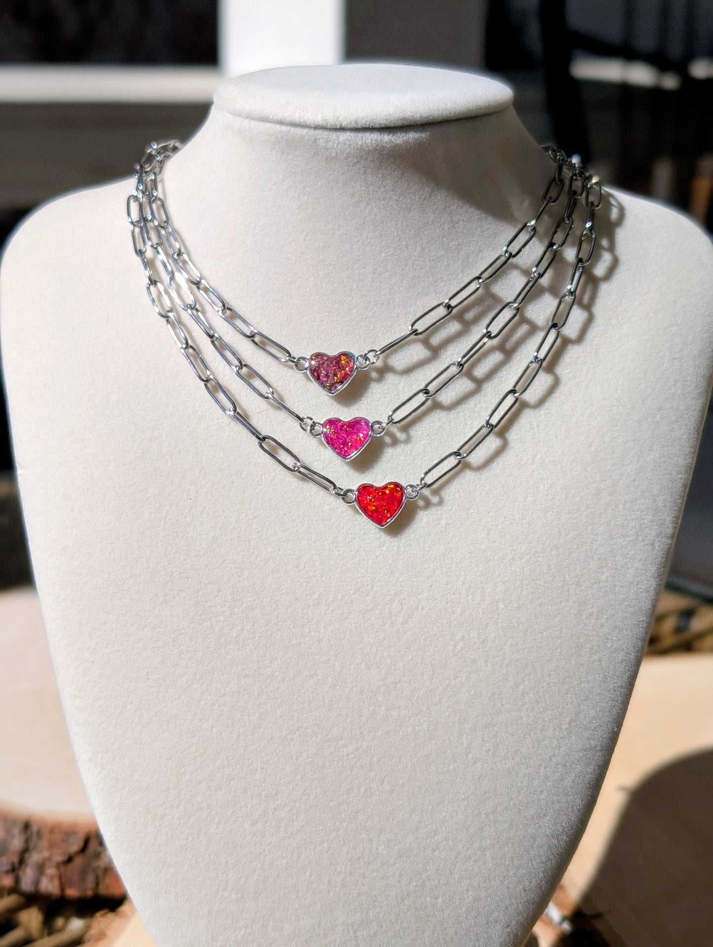 Silver Puffy Heart Chain Necklace - Strawberry Pink Lab Grown Opal