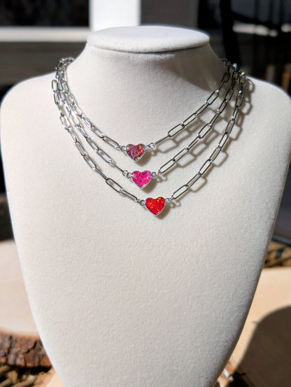 Silver Puffy Heart Chain Necklace - Strawberry Pink Lab Grown Opal