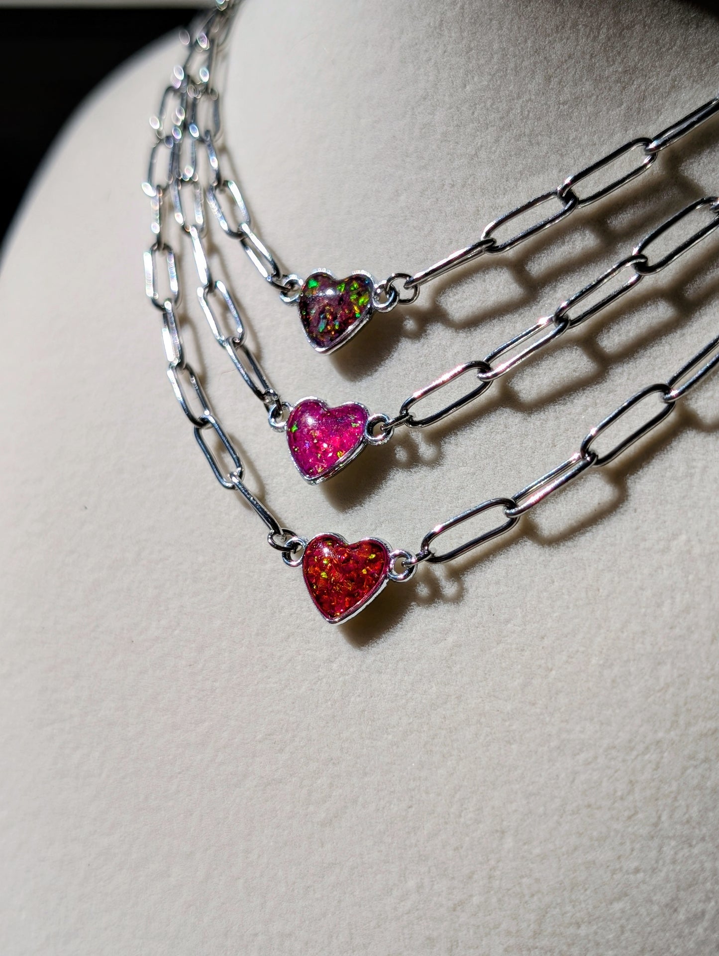 Silver Puffy Heart Chain Necklace - Strawberry Pink Lab Grown Opal