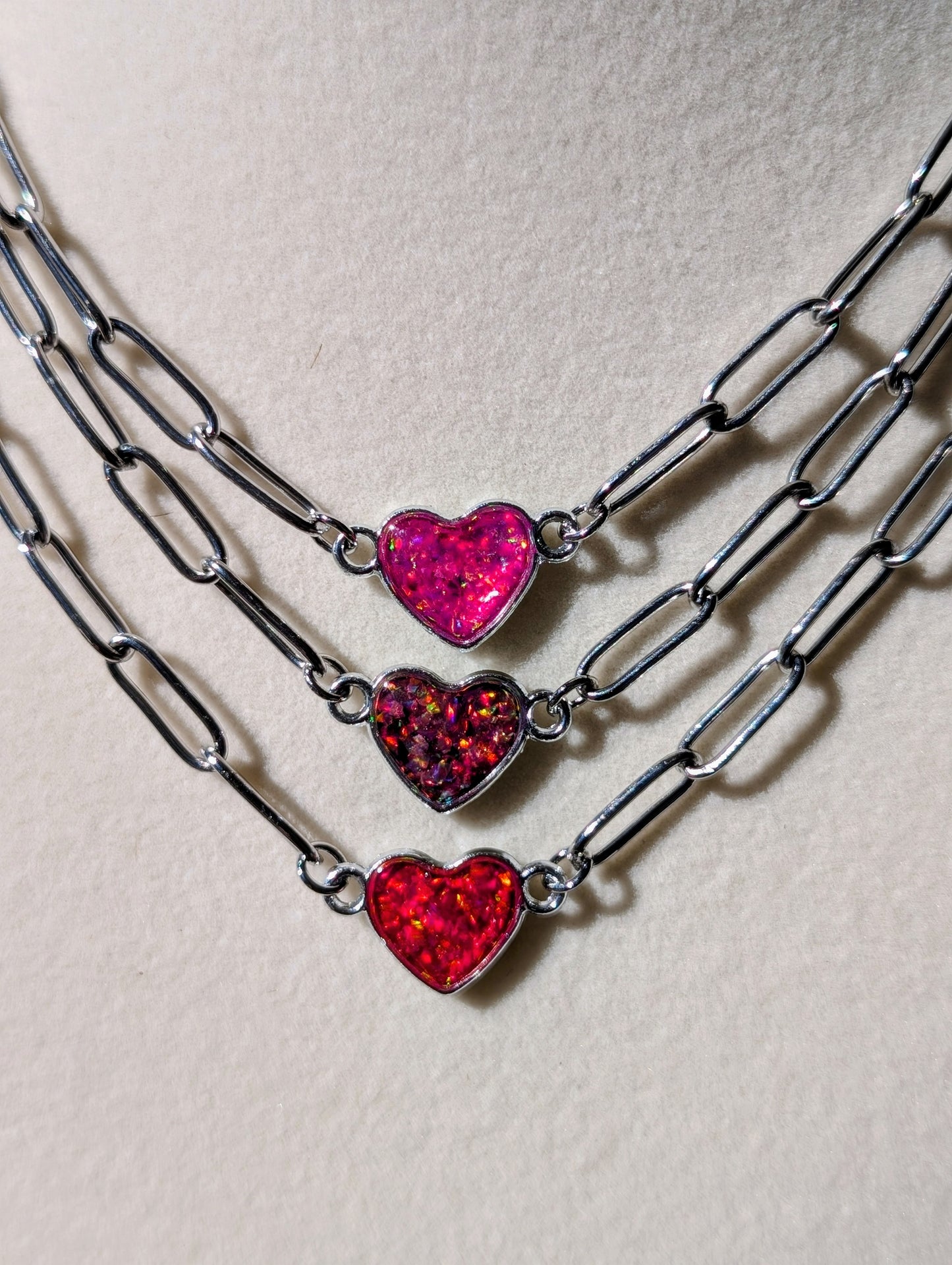 Silver Puffy Heart Chain Necklace - Strawberry Pink Lab Grown Opal
