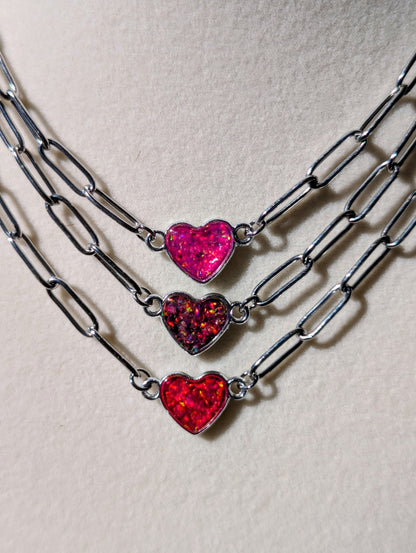 Silver Puffy Heart Chain Necklace - Strawberry Pink Lab Grown Opal