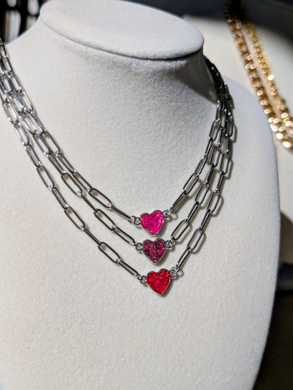 Silver Puffy Heart Chain Necklace - Strawberry Pink Lab Grown Opal