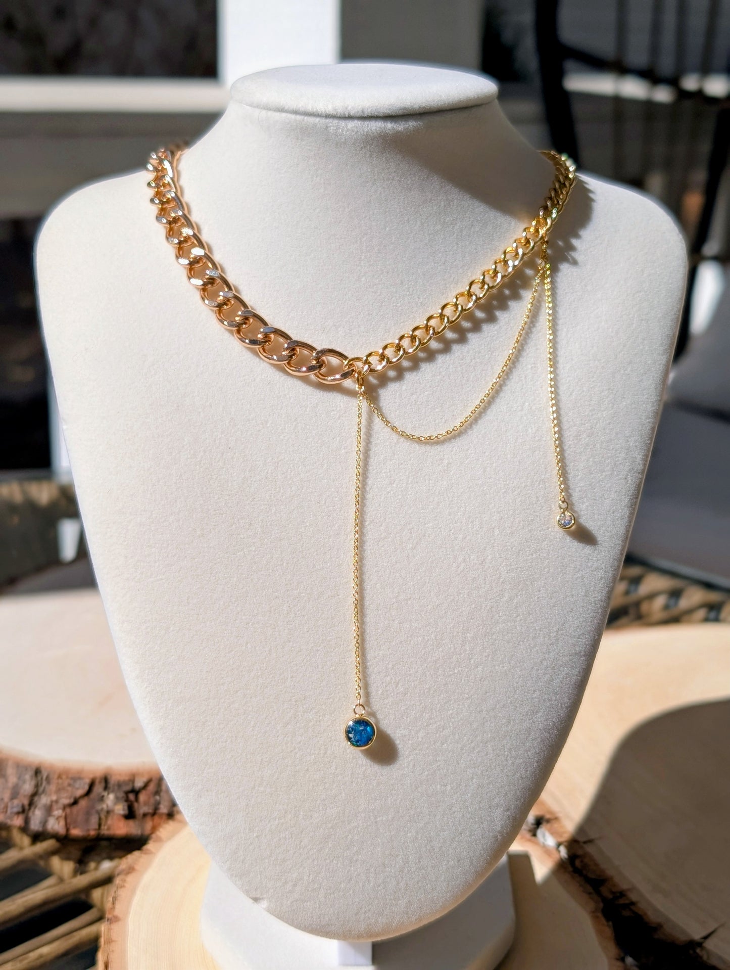 Gold Mixed Chunky Chain Opal Drop Necklace - Cobalt Blue