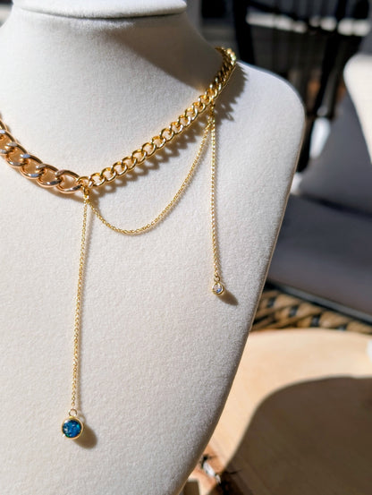 Gold Mixed Chunky Chain Opal Drop Necklace - Cobalt Blue