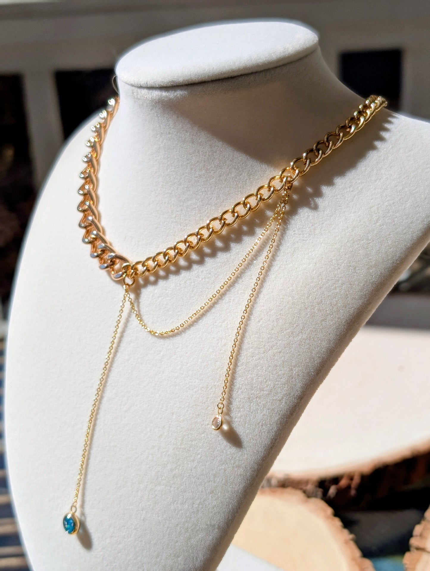 Gold Mixed Chunky Chain Opal Drop Necklace - Cobalt Blue