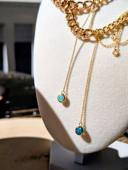 Gold Mixed Chunky Chain Opal Drop Necklace - Cobalt Blue
