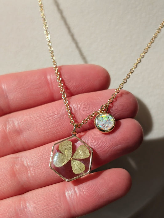 Real Four Leaf Clover Hexagon Pendant with Lab Grown Opal Charm