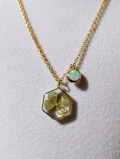 Real Four Leaf Clover Hexagon Pendant with Lab Grown Opal Charm