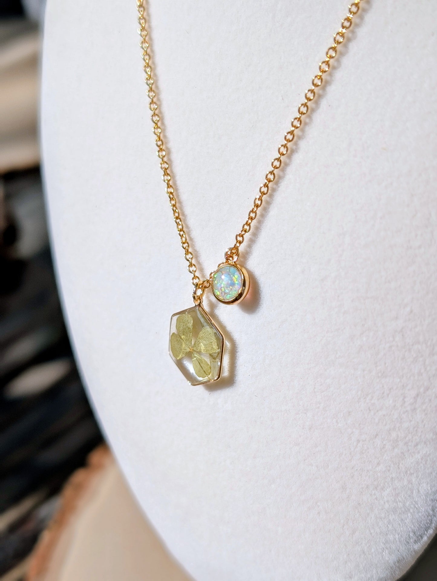 Real Four Leaf Clover Hexagon Pendant with Lab Grown Opal Charm