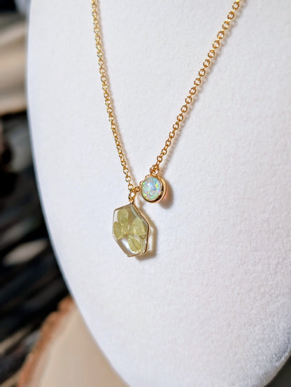 Real Four Leaf Clover Hexagon Pendant with Lab Grown Opal Charm