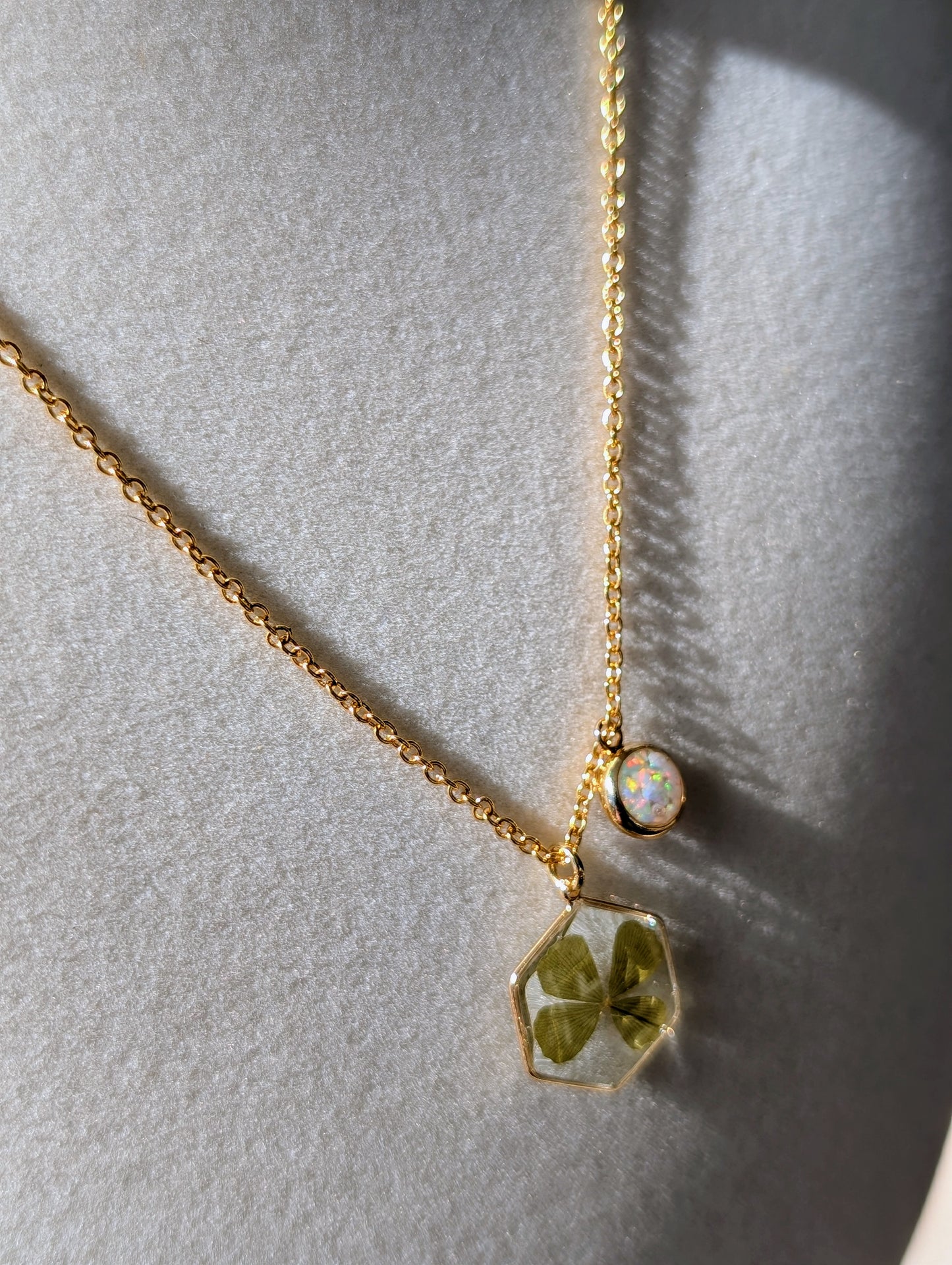 Real Four Leaf Clover Hexagon Pendant with Lab Grown Opal Charm