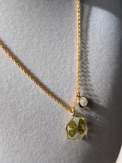 Real Four Leaf Clover Hexagon Pendant with Lab Grown Opal Charm