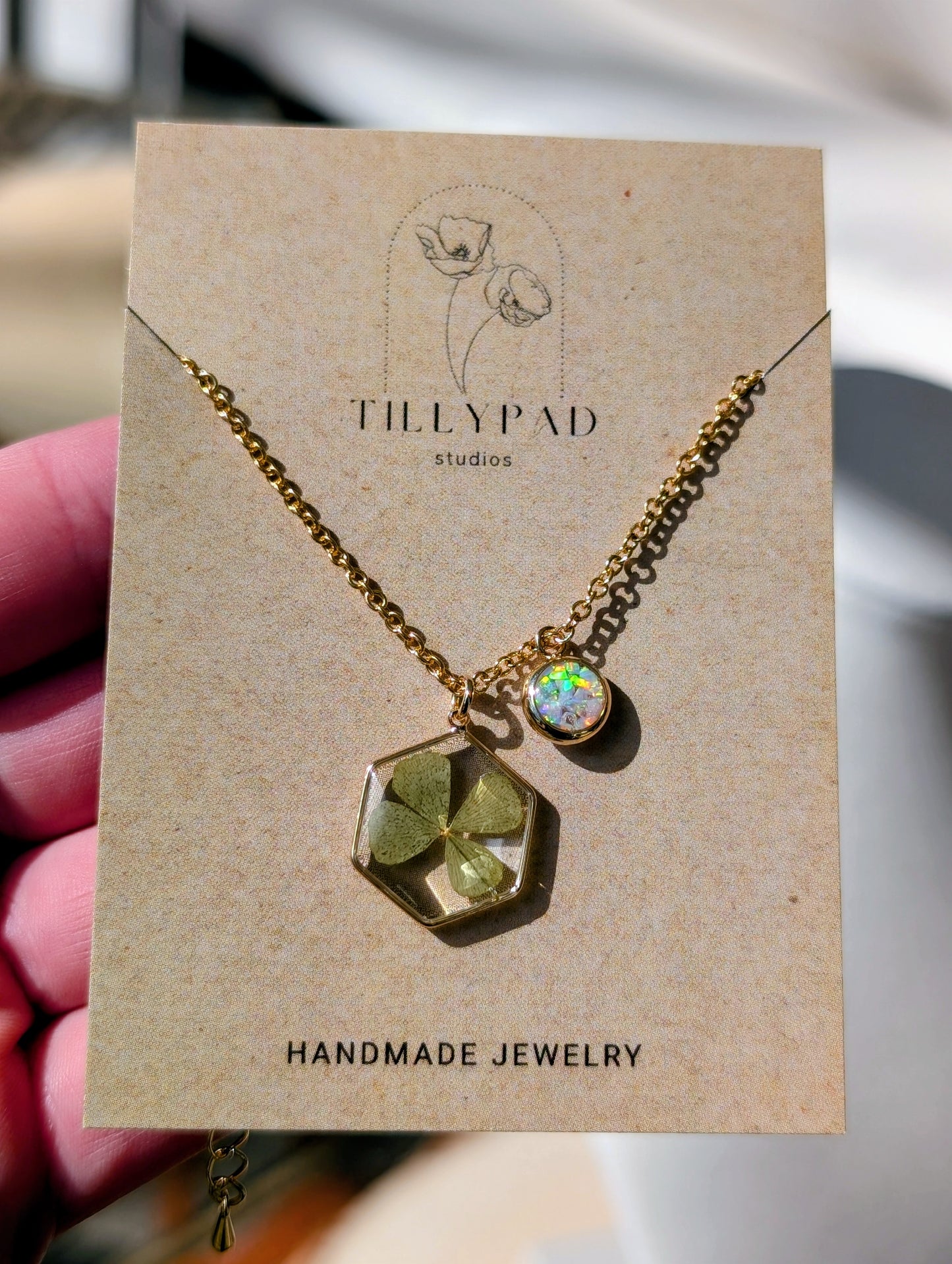 Real Four Leaf Clover Hexagon Pendant with Lab Grown Opal Charm