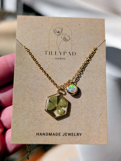Real Four Leaf Clover Hexagon Pendant with Lab Grown Opal Charm