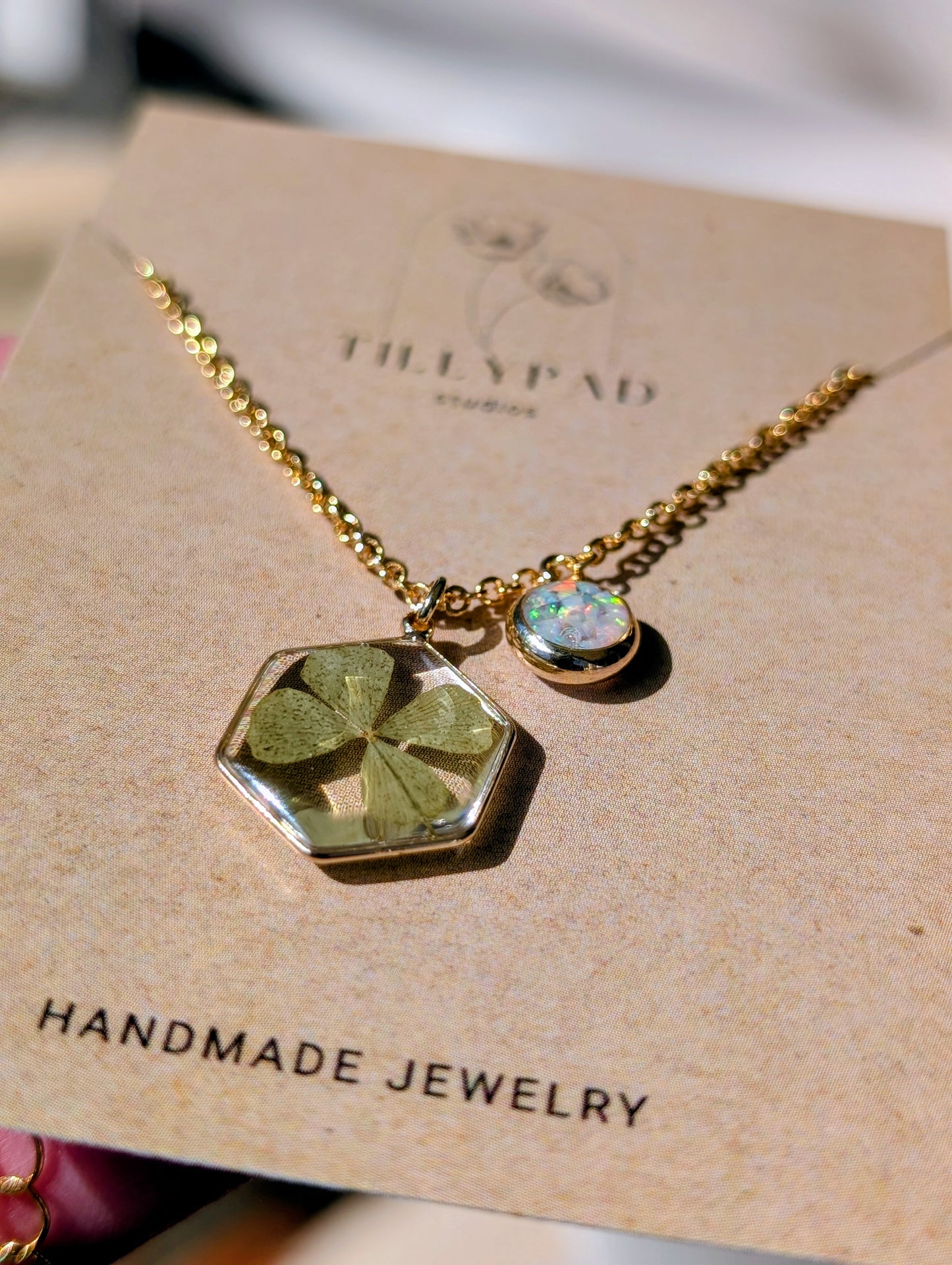 Real Four Leaf Clover Hexagon Pendant with Lab Grown Opal Charm