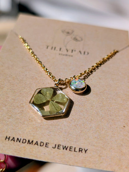 Real Four Leaf Clover Hexagon Pendant with Lab Grown Opal Charm