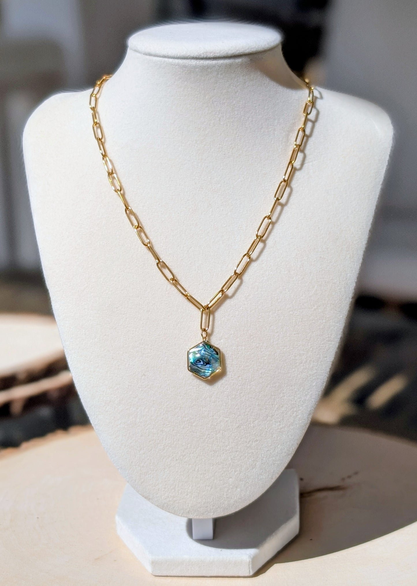 Blue Abalone Hexagon Pendant Chain Necklace
