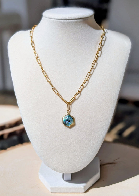 Blue Abalone Hexagon Pendant Chain Necklace