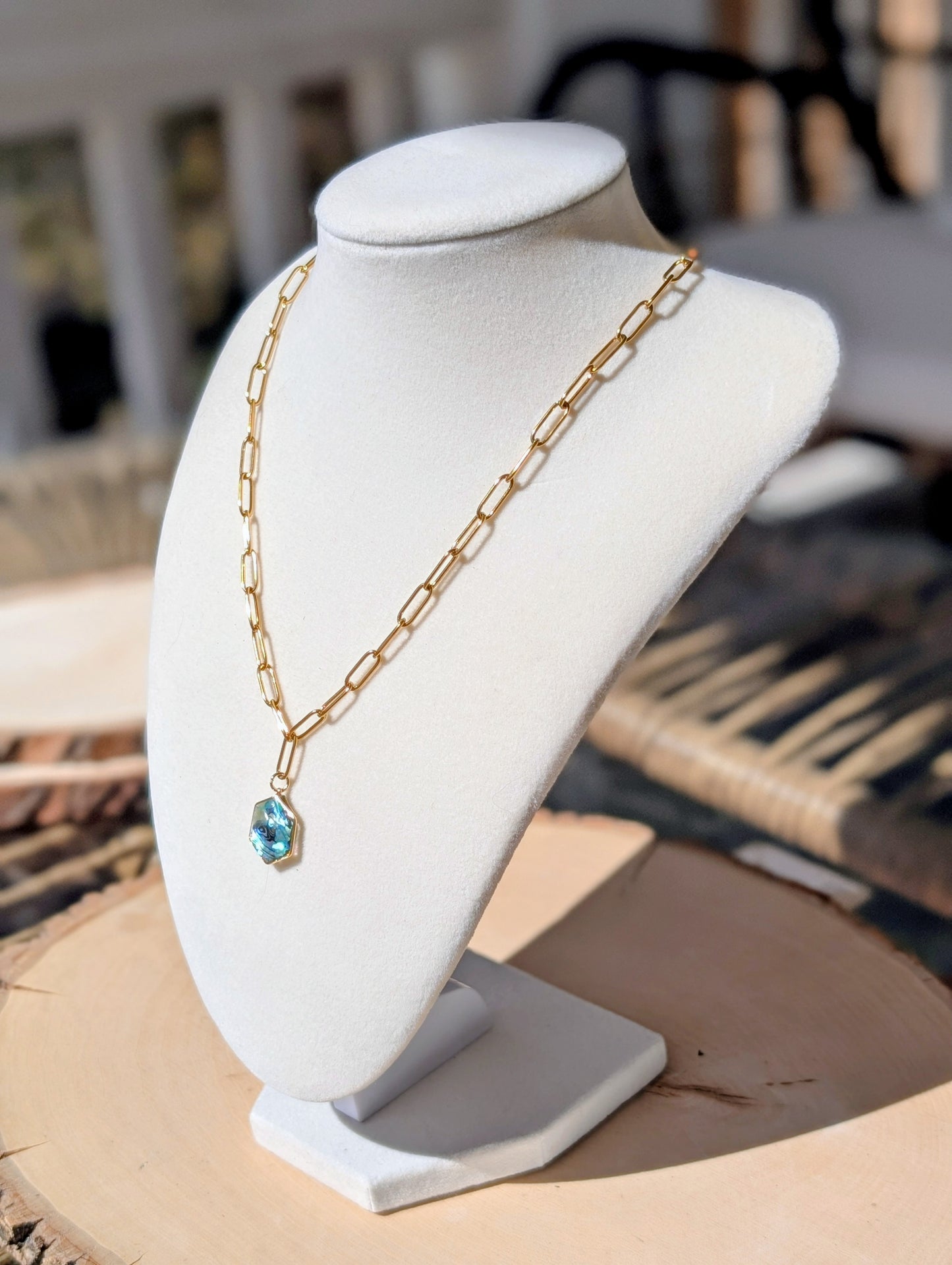 Blue Abalone Hexagon Pendant Chain Necklace