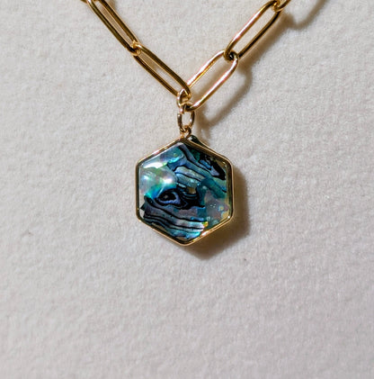 Blue Abalone Hexagon Pendant Chain Necklace