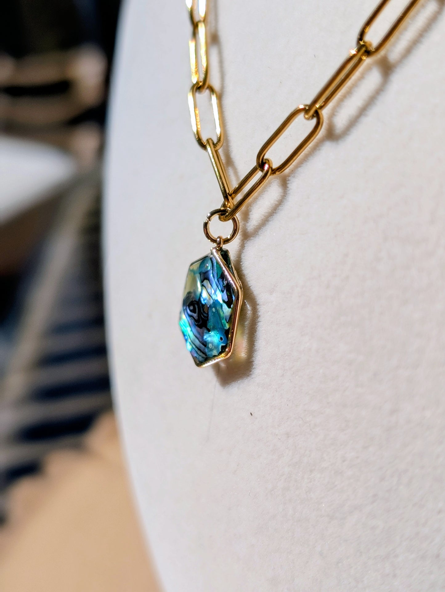 Blue Abalone Hexagon Pendant Chain Necklace