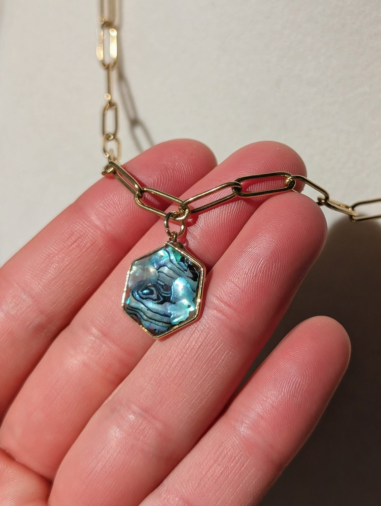 Blue Abalone Hexagon Pendant Chain Necklace